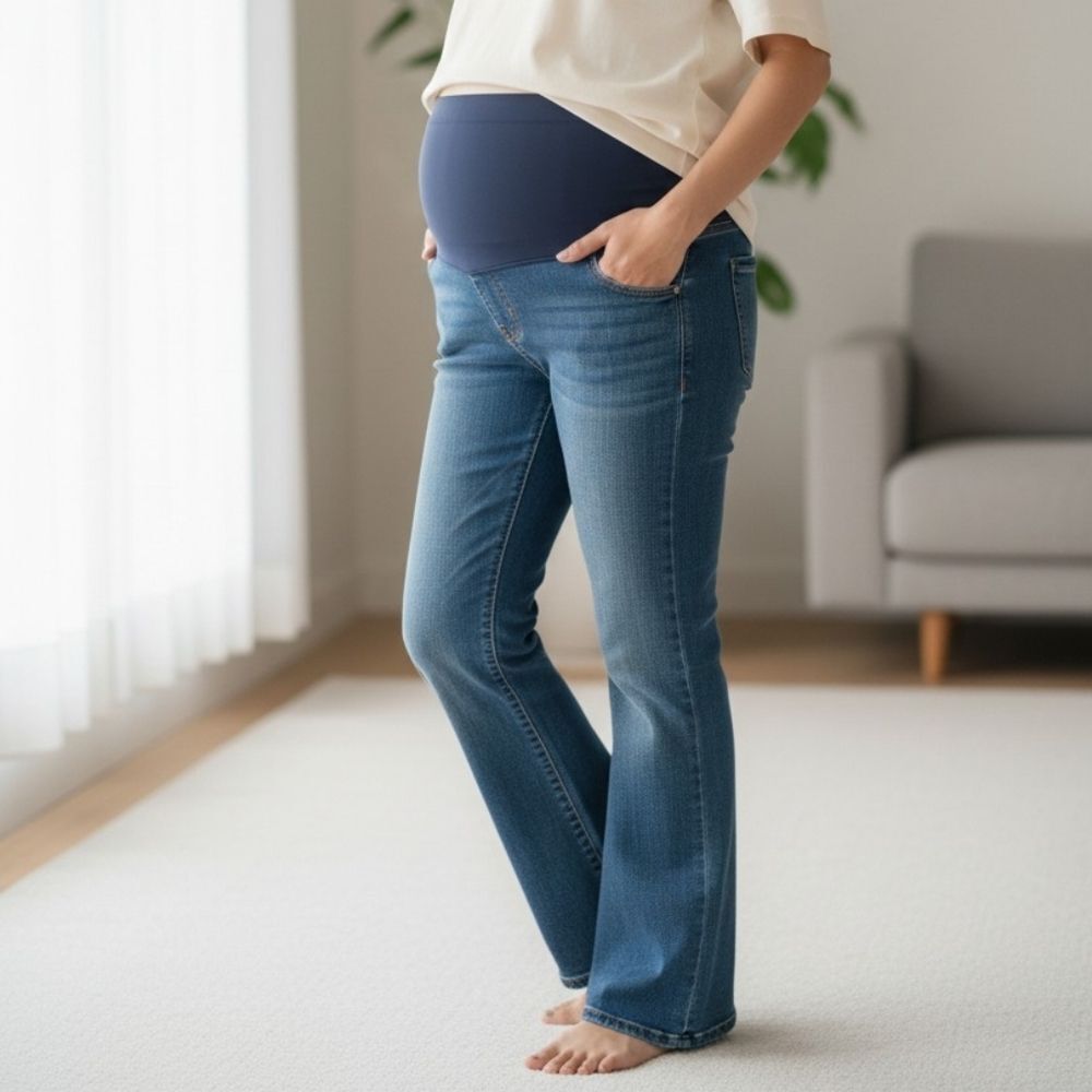 Indigo Flare Maternity Jeans – Medium Blue – Over‑Belly Panel – Size XL